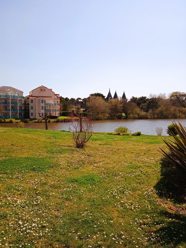 A grassy area with a lake, buildings with balconies, and trees in the background.