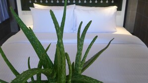 Un letto con lenzuola bianche e una testiera verde, una pianta di aloe vera in vaso in primo piano, e un bagno con doccia visibile a destra.