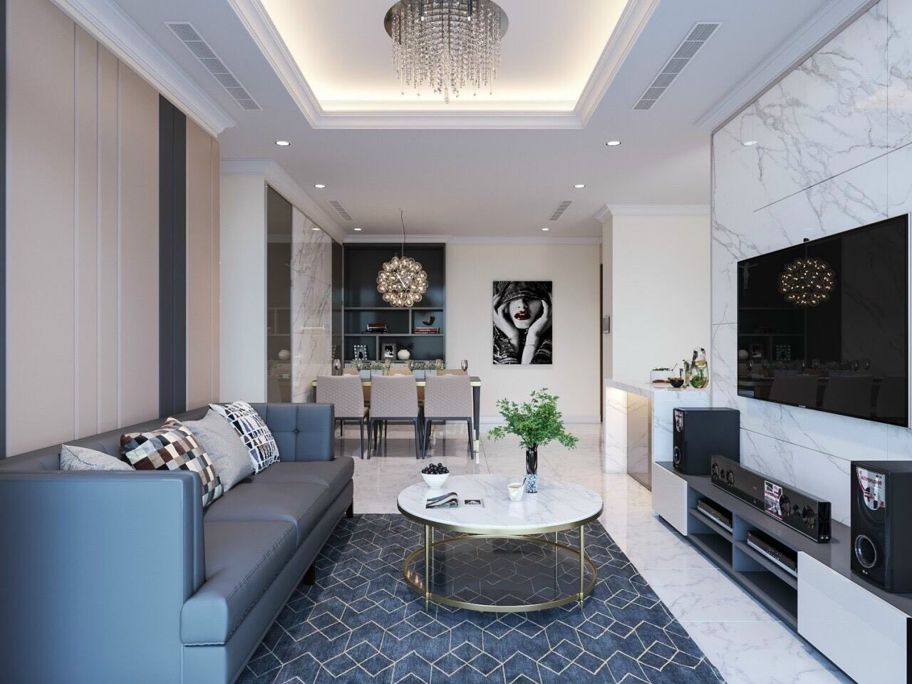 Un salon moderne avec un canapé, une table basse et un meuble pour la télévision.