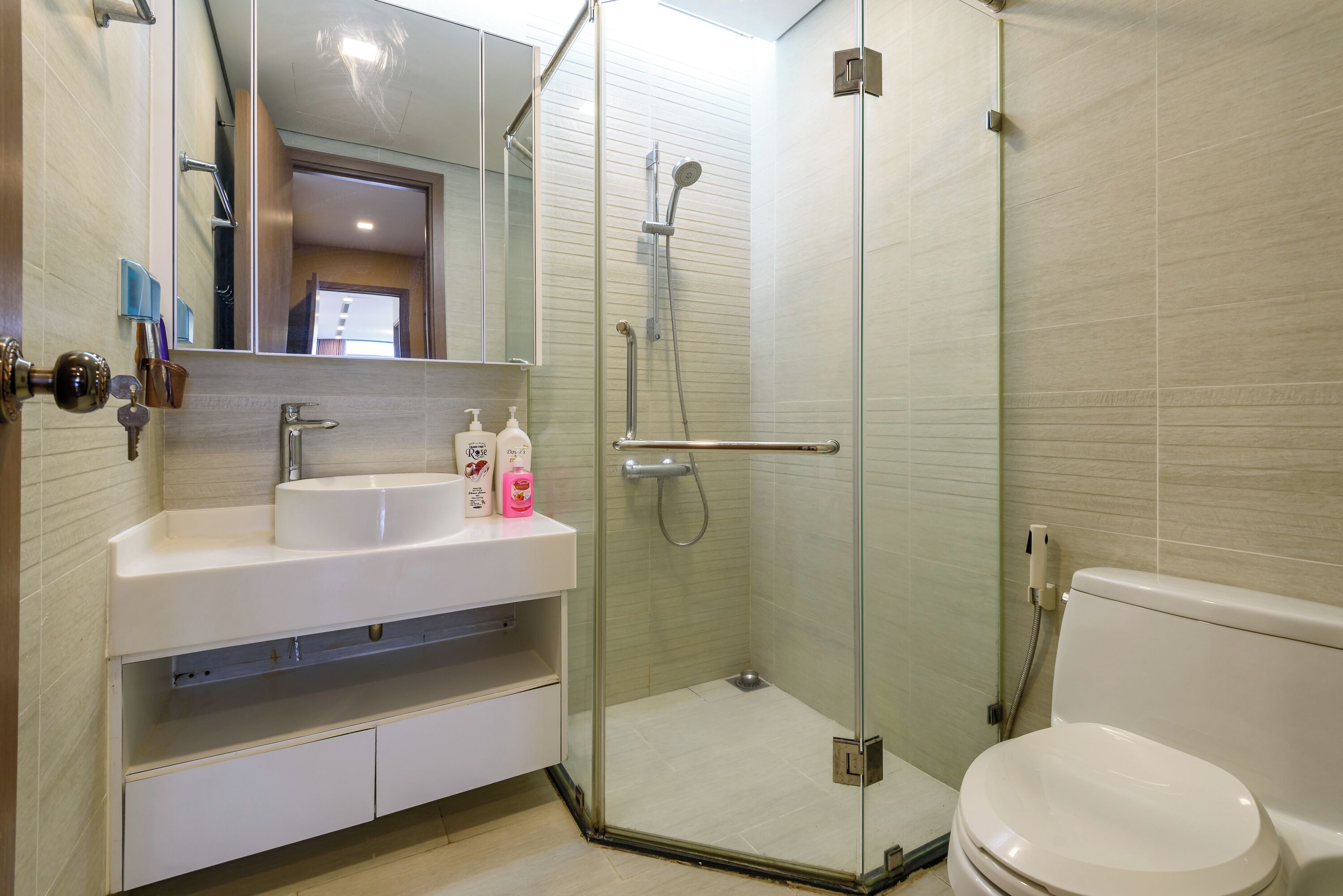 Een moderne badkamer met een douche met glazen wand, een witte wastafel en een toilet.