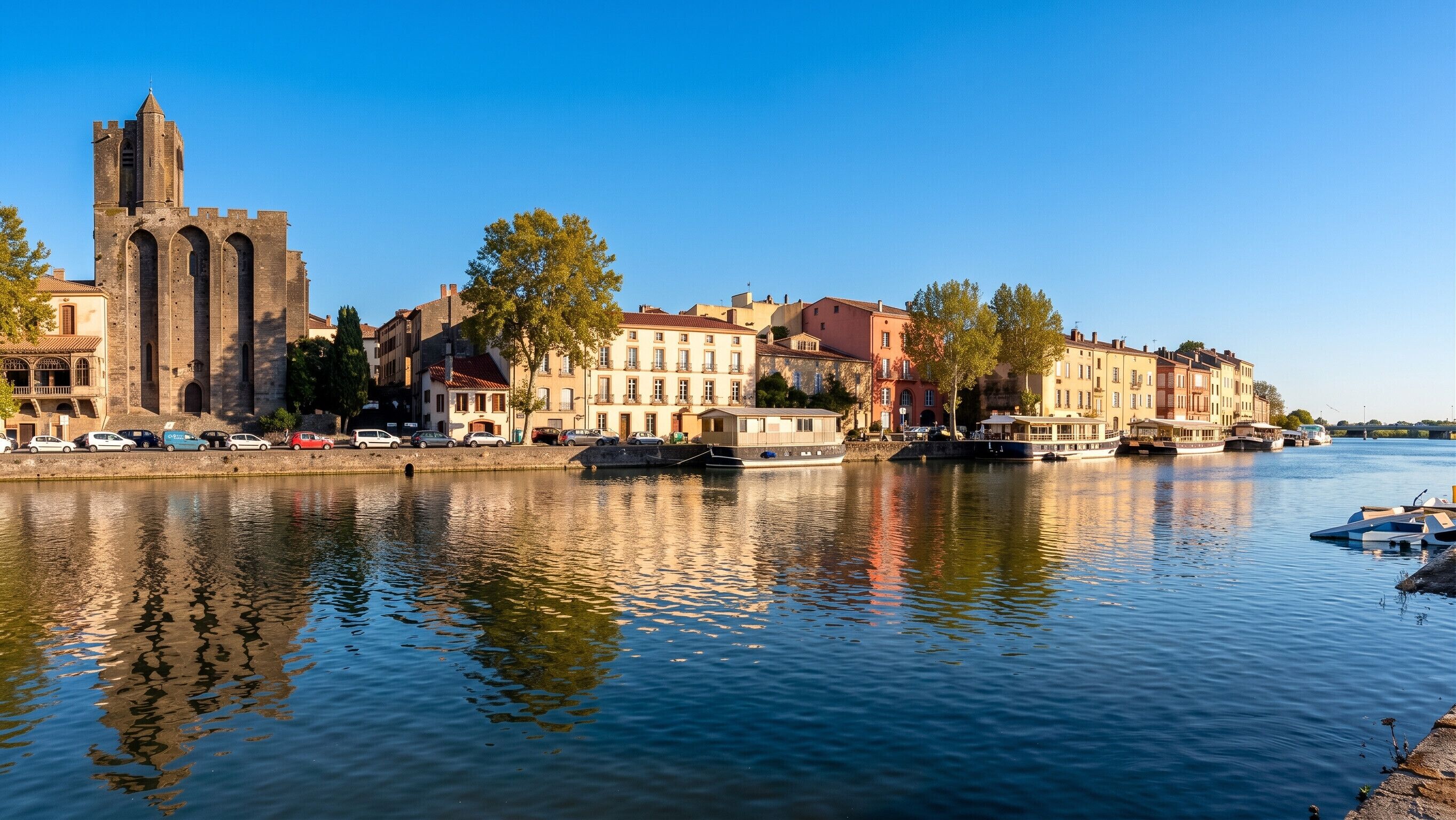 Une ville riveraine dotée de bâtiments historiques, d’une tour imposante et d’un cours d’eau paisible.