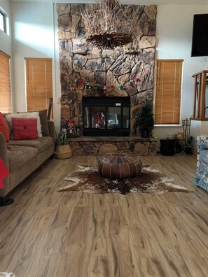 Smart TV, fireplace, DVD player, foosball