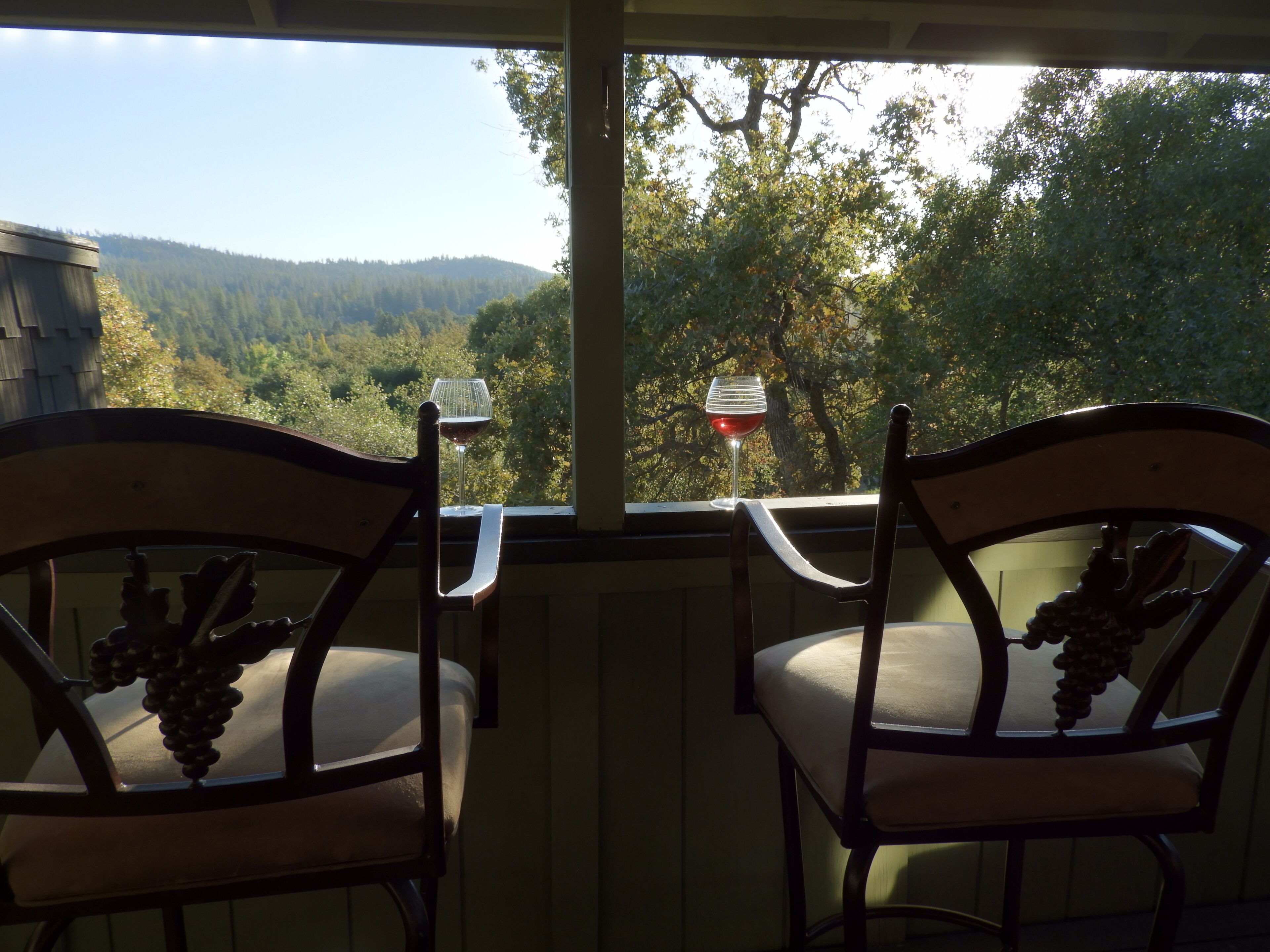Twee houten stoelen met beklede zitplaatsen en rugleuningen, geplaatst op een balkon met uitzicht op een bebost glooiend landschap.