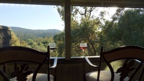 Deux chaises en bois, dotées d’un siège et d’un dossier rembourrés, sont placées sur un balcon qui offre une vue sur une colline boisée.
