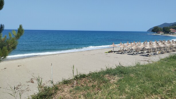 Ein Strand mit einer Reihe von Liegestühlen und Sonnenschirmen, einem klaren Himmel und ruhiger See.