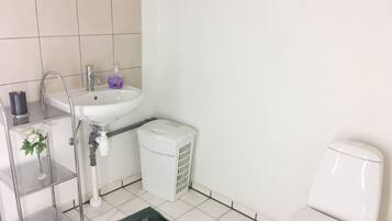 Shower, hair dryer, towels, shampoo