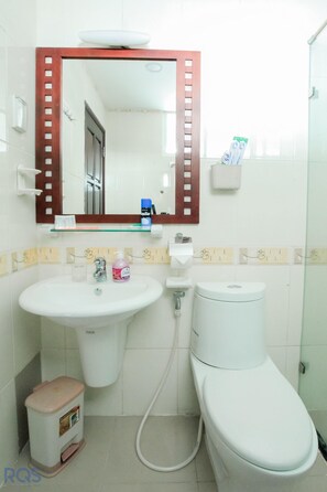 Sèche-cheveux, serviettes fournies, savon, shampoing