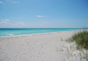 En la playa, camastros y toallas de playa 