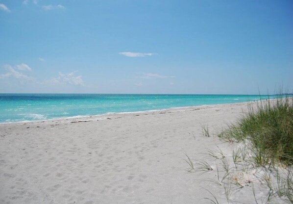 Une plage de sable fin, avec une eau turquoise et limpide et un ciel dégagé.