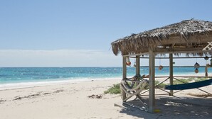 Un cabanon de plage avec un toit de chaume, un hamac et une vue sur l’océan.