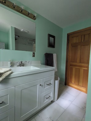 Combined shower/bathtub, hair dryer, towels, soap