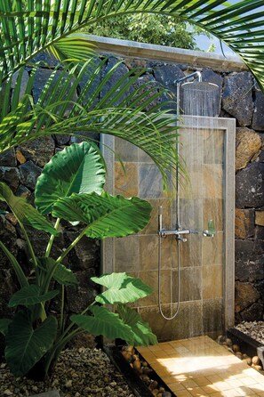 Relax in a serene outdoor oasis with a shower surrounded by lush greenery and natural stone.