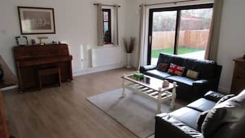 Télévision, cheminée, lecteur de DVD, livres