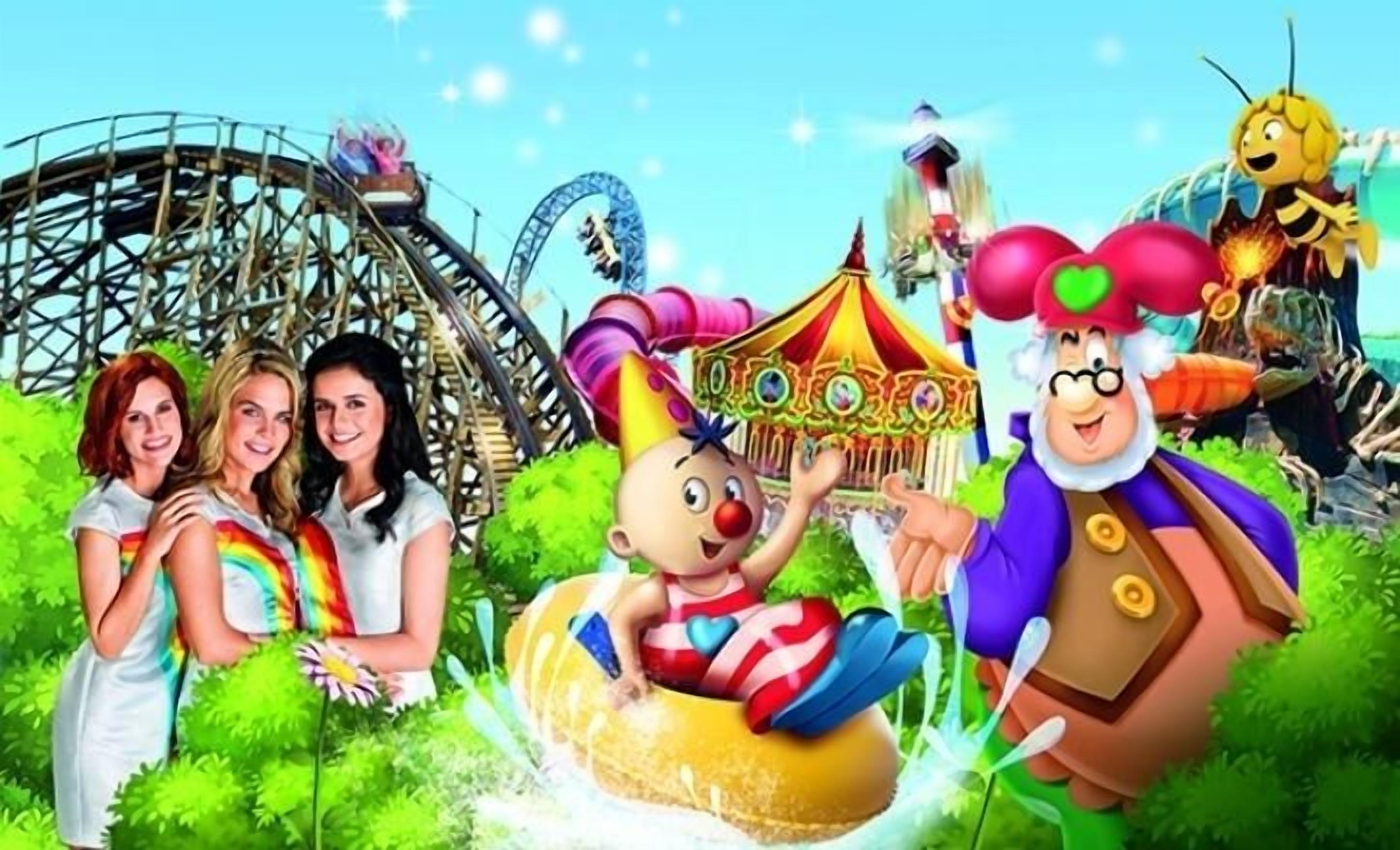 Escena caricaturesca de un parque de atracciones con una montaña rusa, un carrusel y varios personajes.