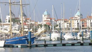 Un puerto deportivo con varias embarcaciones amarradas, un edificio de techo verde y un cielo despejado.
