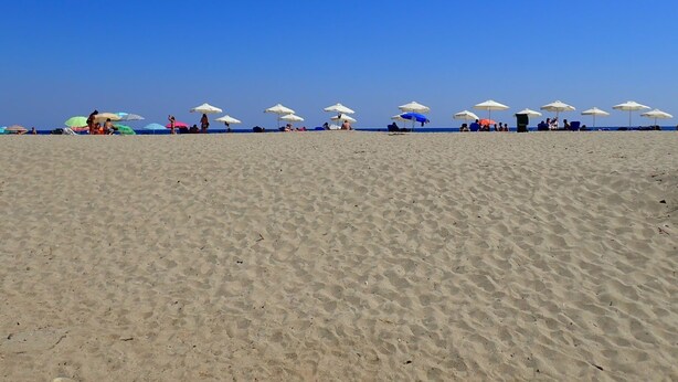 Une plage bordée de rangées de parasols blancs, où les gens se détendent.