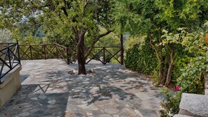 Un sentier pavé de pierres menant à une clôture en bois, avec un arbre au centre.