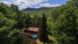 Uma cabana com piscina, rodeada por uma floresta densa e colinas.