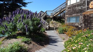A wooden deck leading to a building with a staircase. - Magical Place By The Sea. (Watsonville)