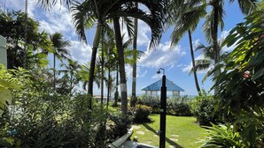 A tropical garden with palm trees, a gazebo, and a pathway leading to a pool. - Breathtaking Beachfront Apartment - FREE Wi-Fi (Bridgetown)