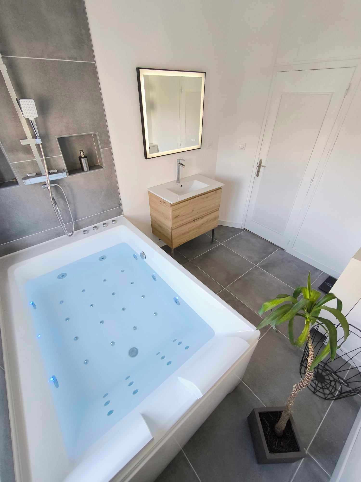 Tina con regadera, secadora de cabello, toallas, jabón 