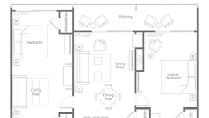 Ein Grundriss eines Hotels mit einer Hauptschlafsuite, zwei Schlafzimmern, einem Balkon, einem Essbereich, einer Küche und zwei Bädern.
