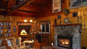 A cozy log cabin interior with a stone fireplace, wooden walls, a bookshelf, and a comfortable seating area.