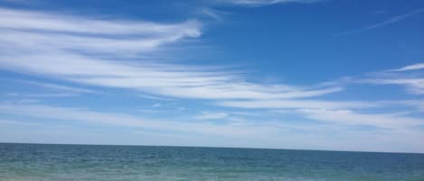 On the beach, sun loungers