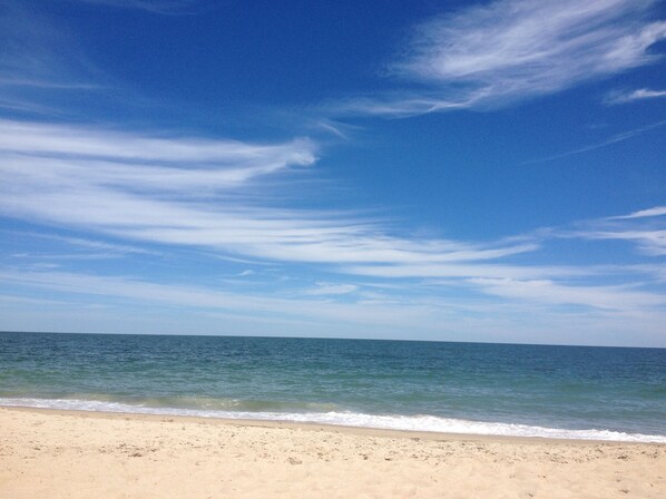 En la playa y camastros 