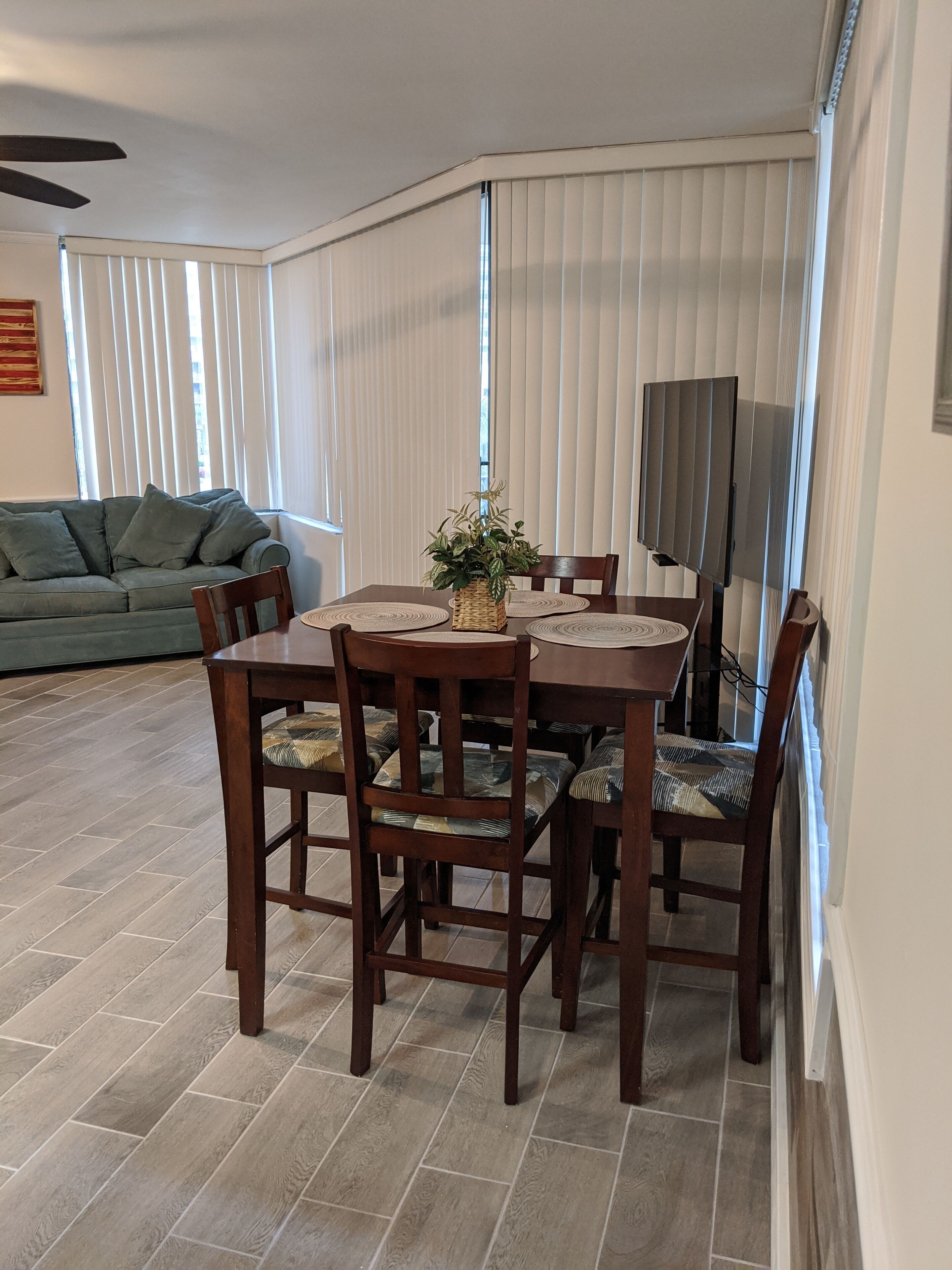 A dining area with a wooden table and chairs, a plant centerpiece, and a television on a stand.