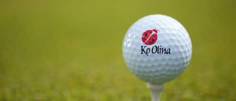 A golf ball with the Ko Olina logo on a tee.
