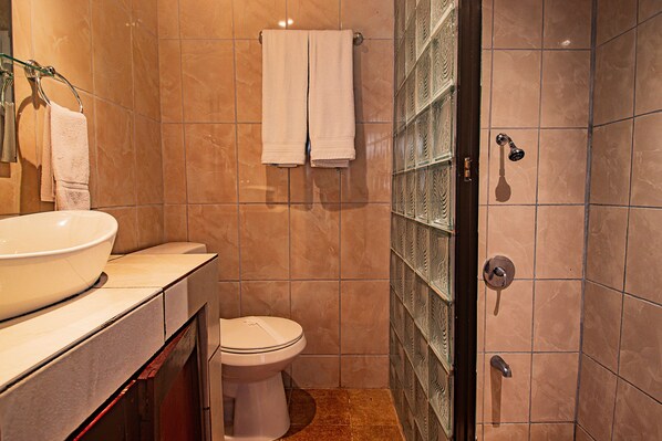 A bathroom with a large sink, toilet, and a shower with a glass door. - Casa Melosa Villa in Playa Potrero/Flamingo Costa Rica (Playa Potrero/Flamingo)