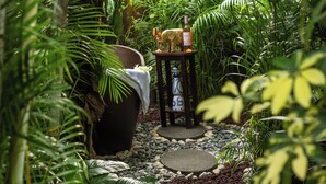 A garden pathway with a wooden table and a chair, surrounded by lush greenery and a wooden fence in the background. - Casa Melosa Villa in Playa Potrero/Flamingo Costa Rica (Playa Potrero/Flamingo)