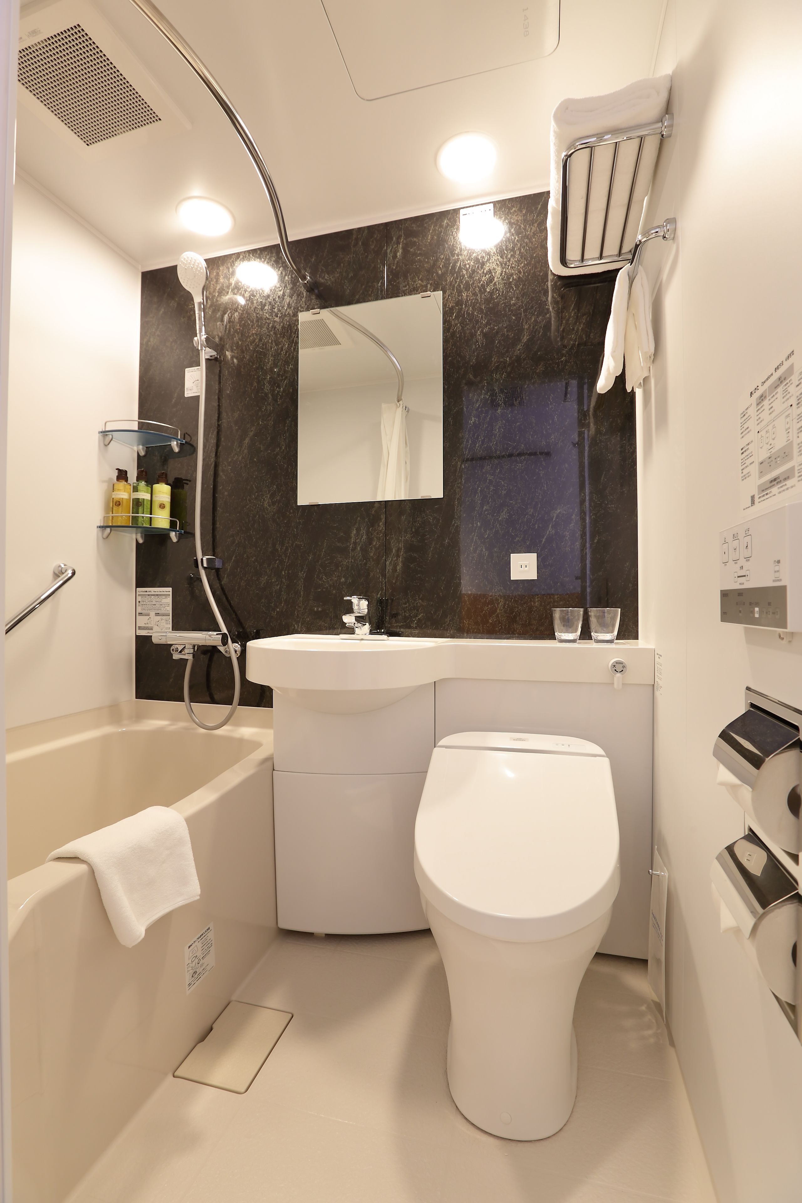 combined shower/bathtub, free toiletries, hair dryer, slippers