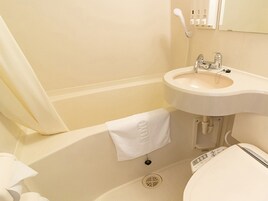 Combined shower/tub, rainfall showerhead, hair dryer, slippers