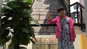 A person standing in a room with a large window overlooking a narrow street with buildings and a bicycle. There is a potted plant in the foreground. - La An Homestay (Da Nang)