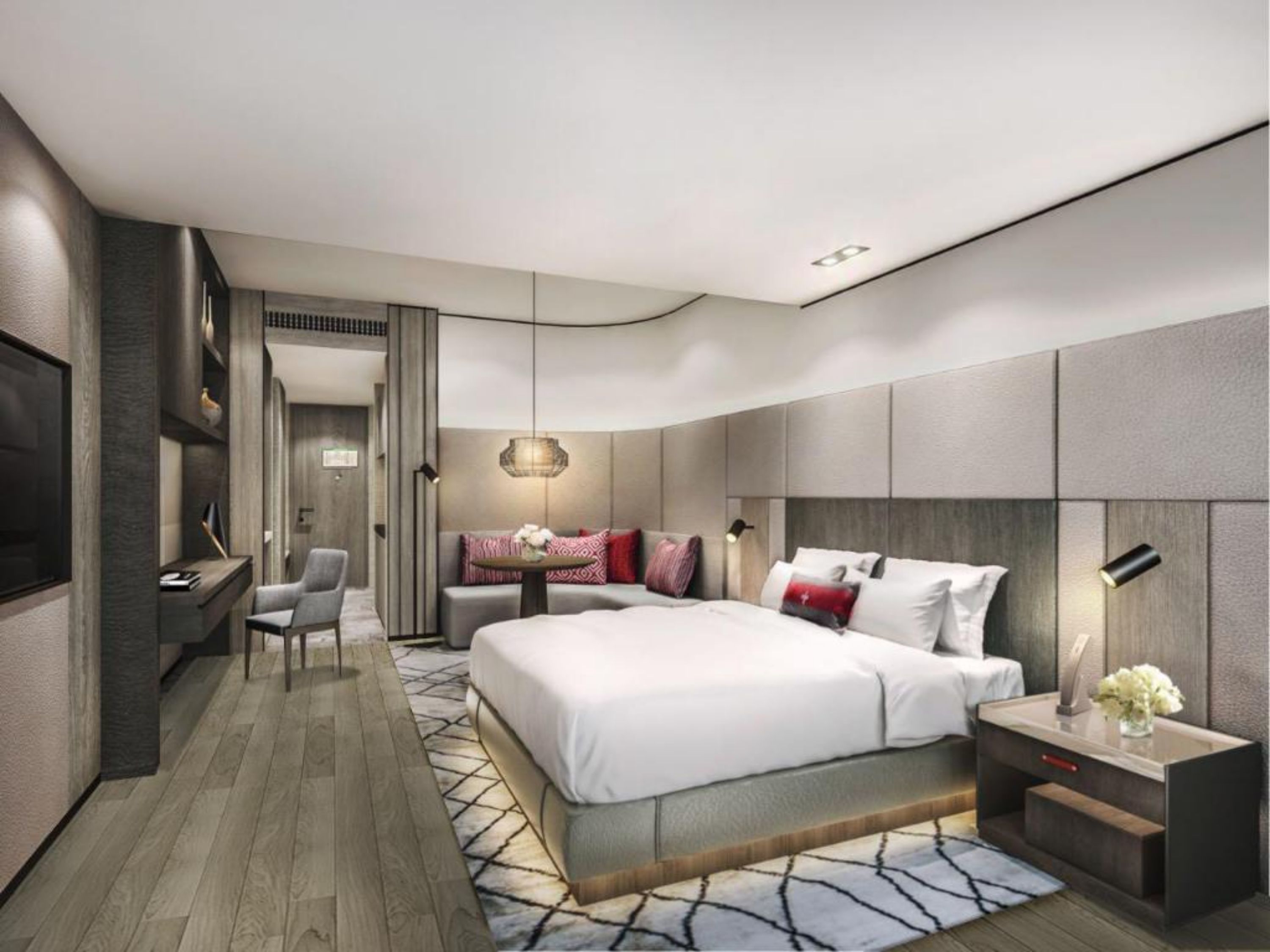 ميني بار وخزنة داخل الغرفة ومكتب وستائر تعتيم