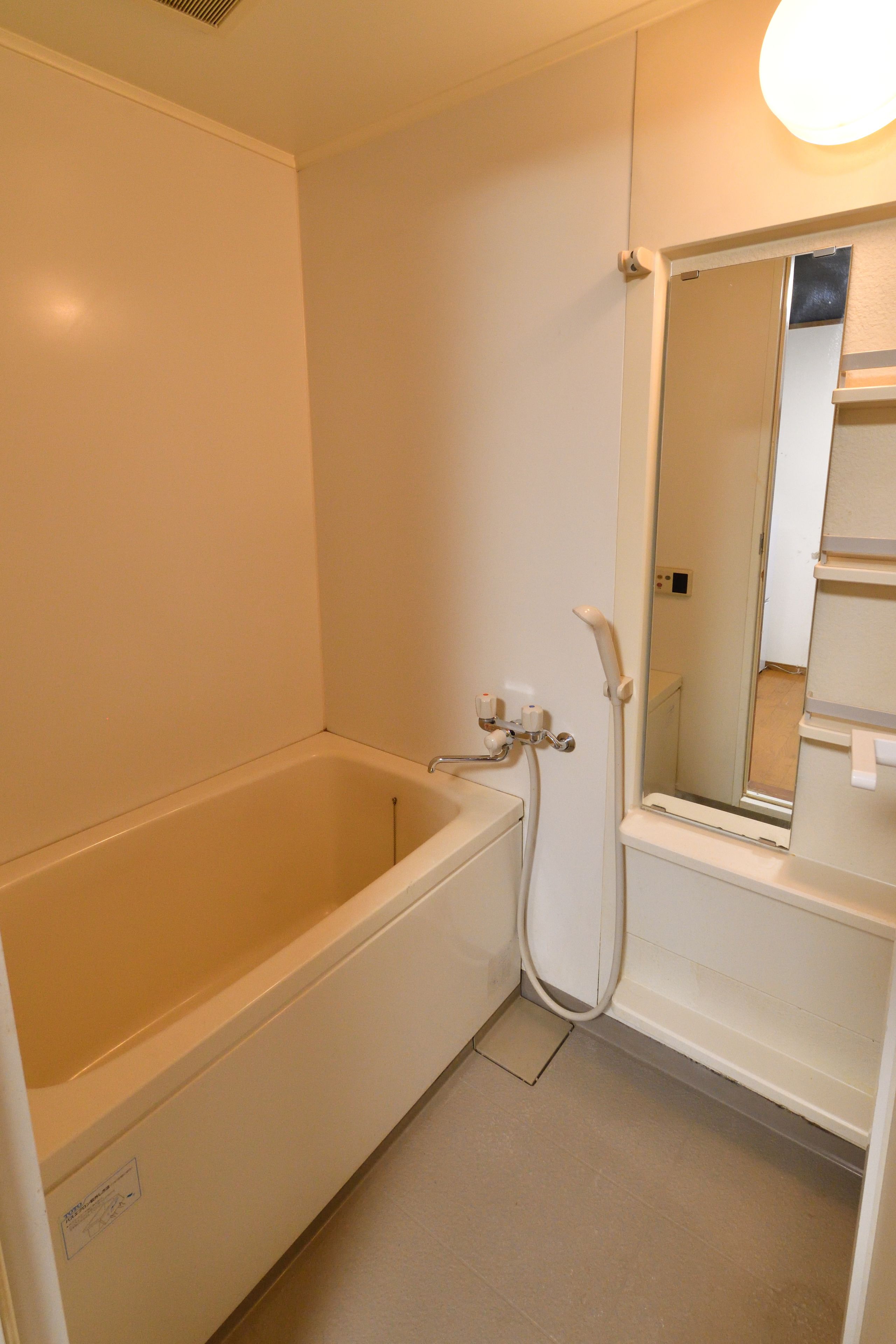 A bathroom with a bathtub, a shower, and a mirror.