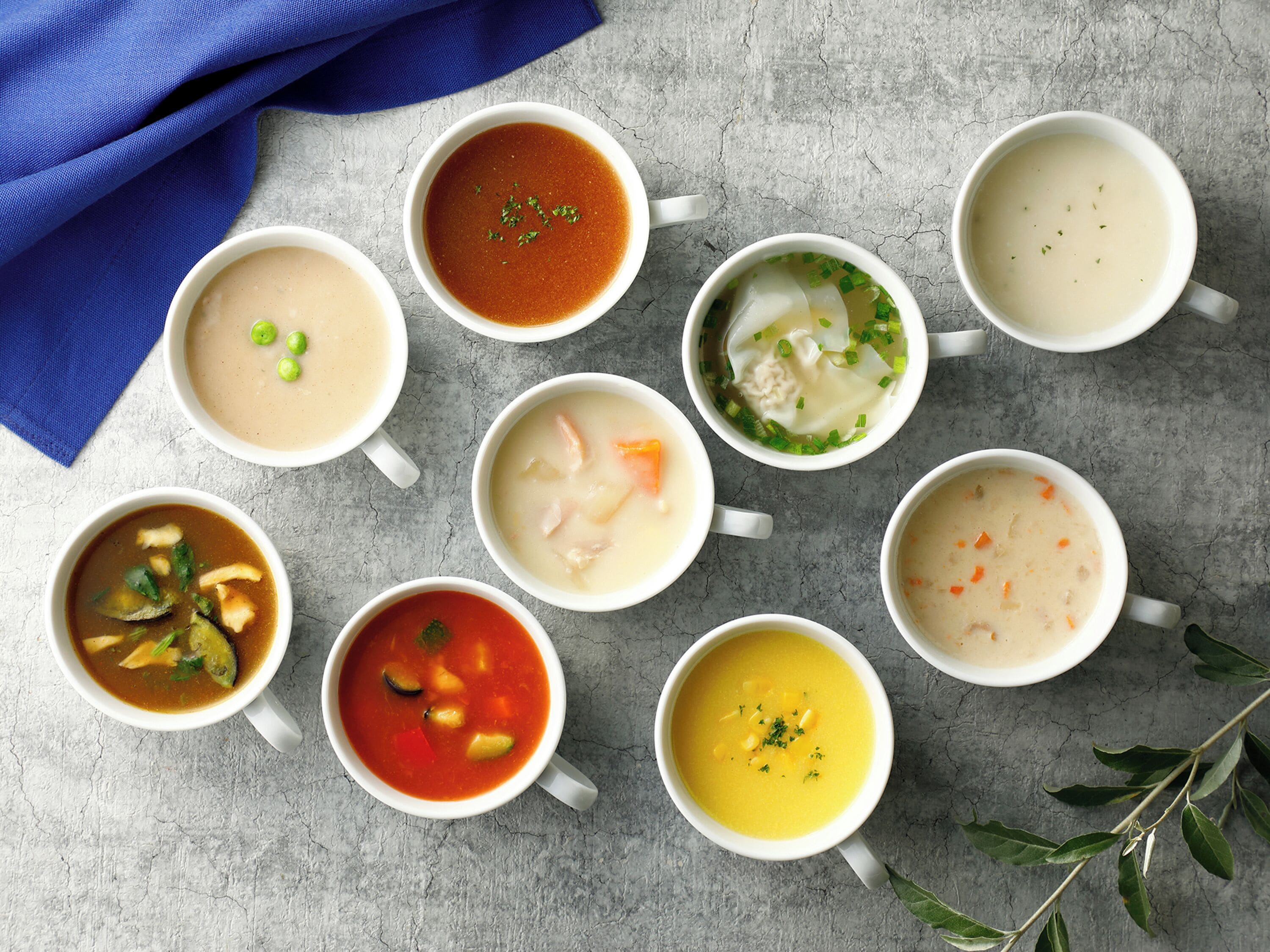 Nine bowls of soup arranged on a textured surface with a blue cloth and green leaves in the background.