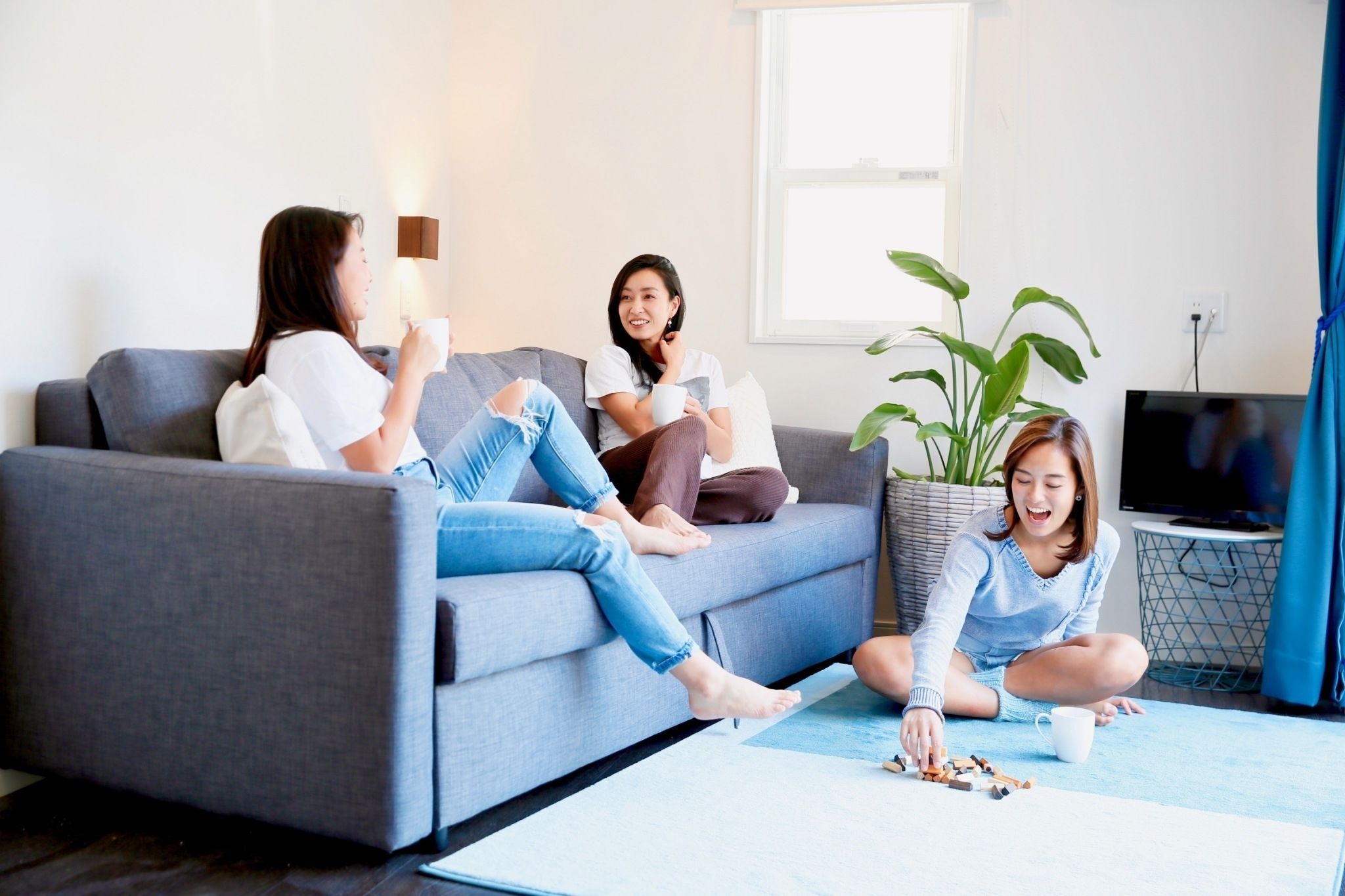 Una sala de estar con un sofá gris, una planta en maceta, un televisor de pantalla plana y una mesa de centro.