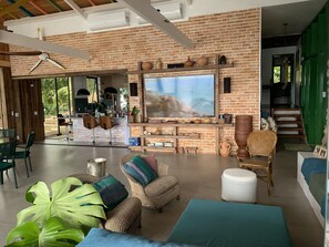 Smart TV, fireplace, books, offices