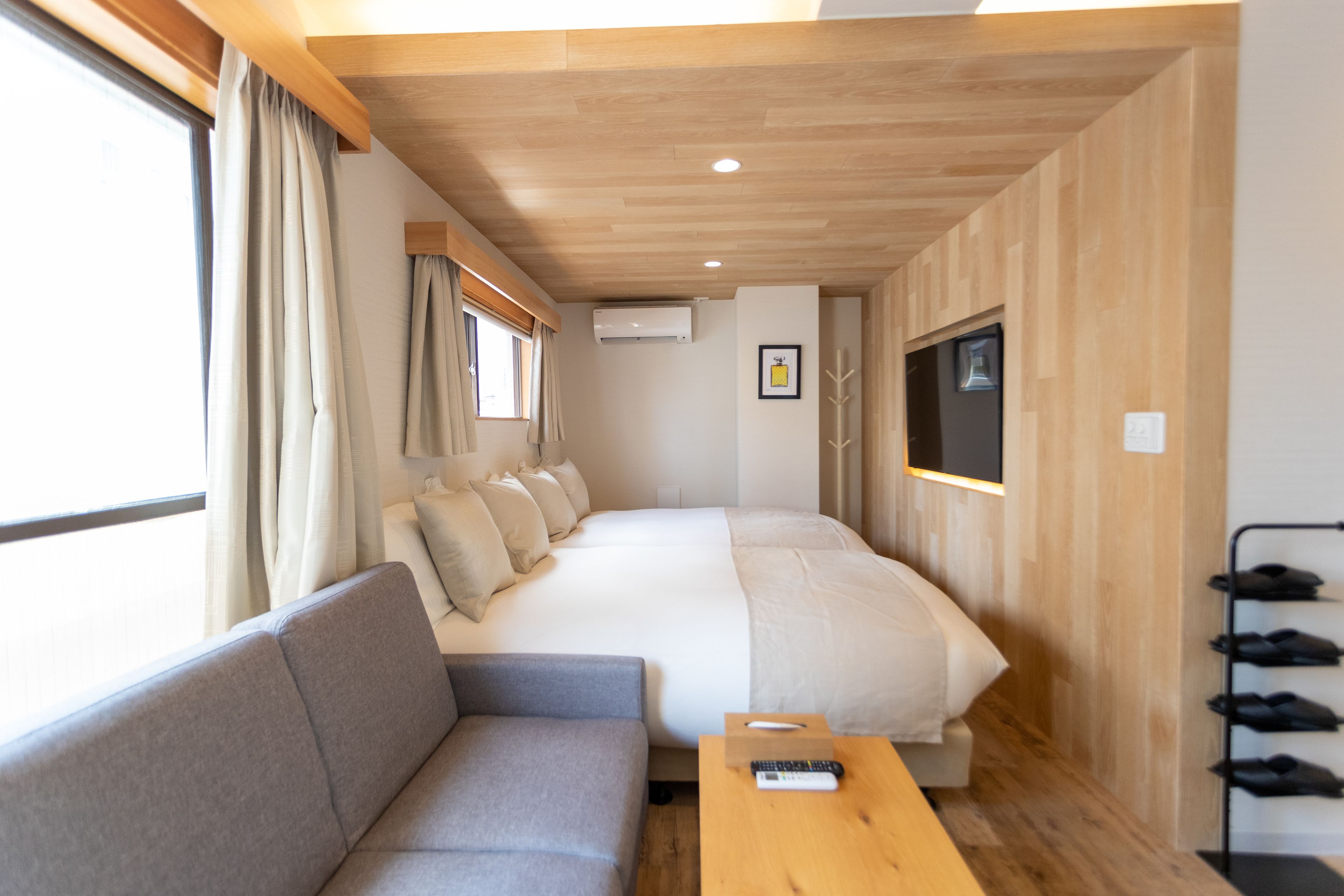 desk, blackout curtains, free wifi