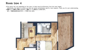 Disposição de quarto com cama, banheiro pequeno e cozinha compacta.