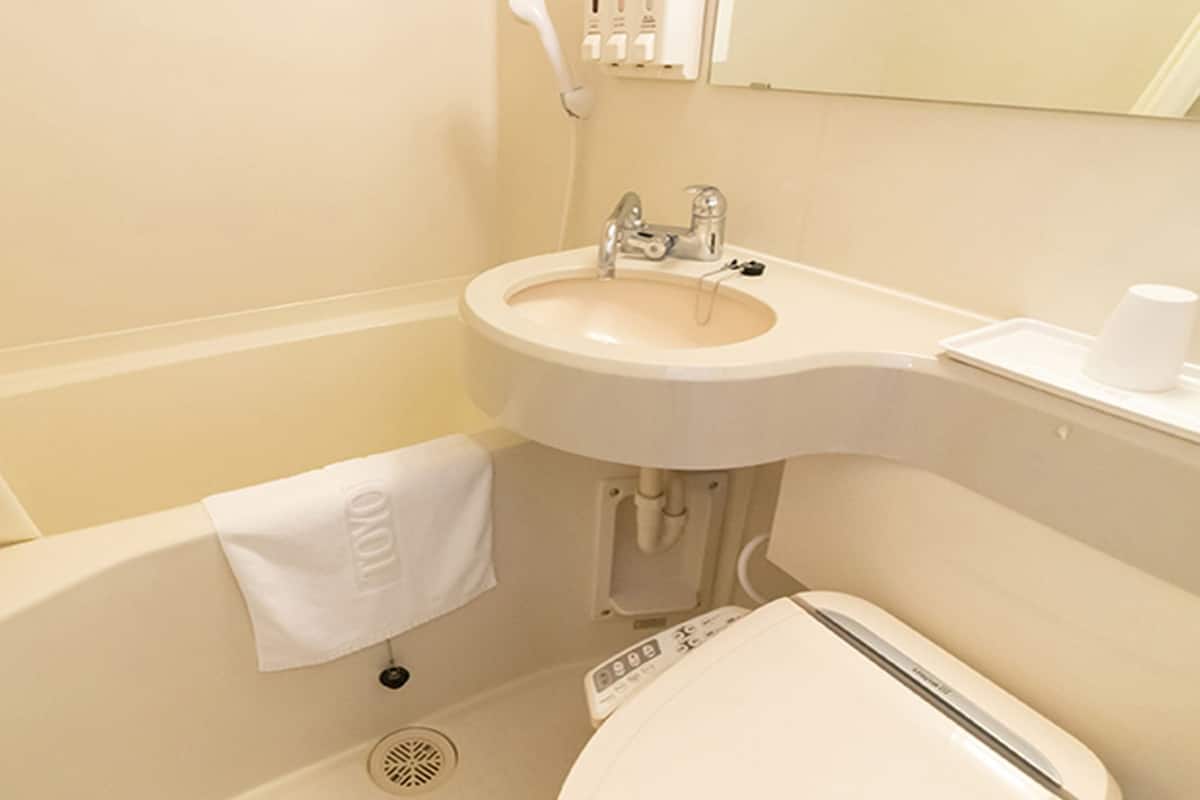 combined shower/bathtub, hair dryer, bathrobes, slippers