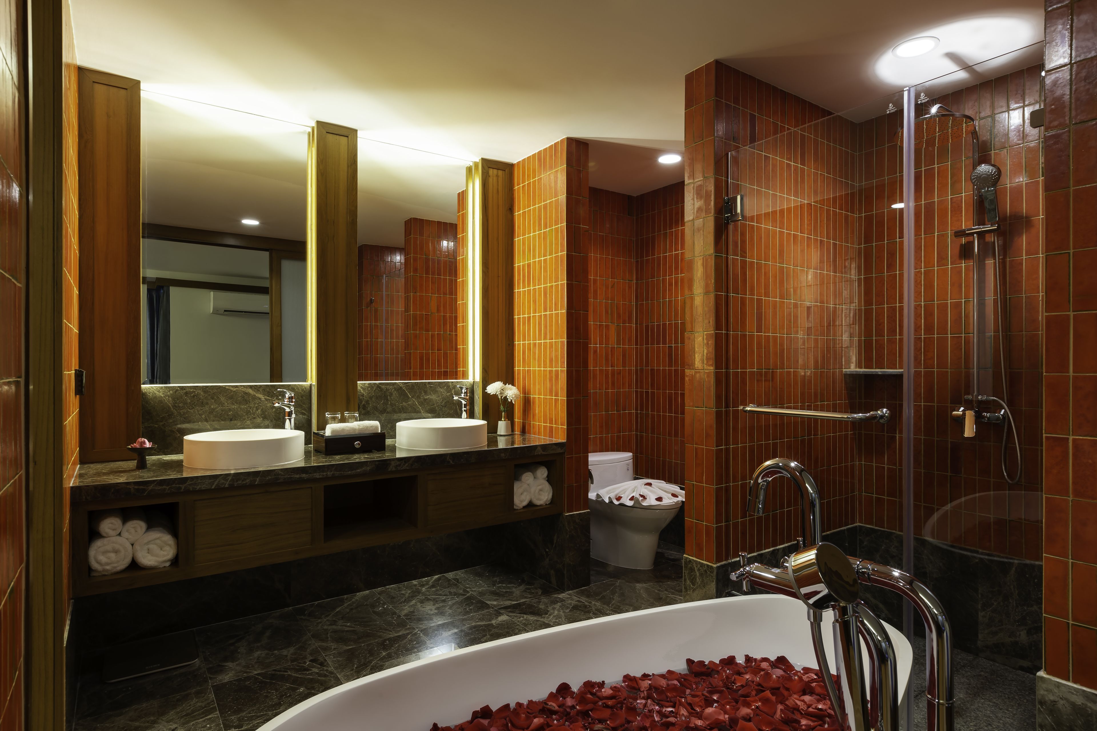 suite | bathroom | hair dryer, bathrobes, slippers, towels