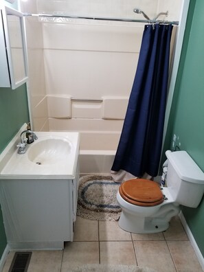 Combined shower/bathtub, hair dryer, towels, soap