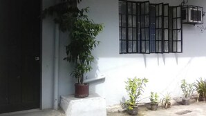 A building entrance with a potted plant, a door, and a window with bars.