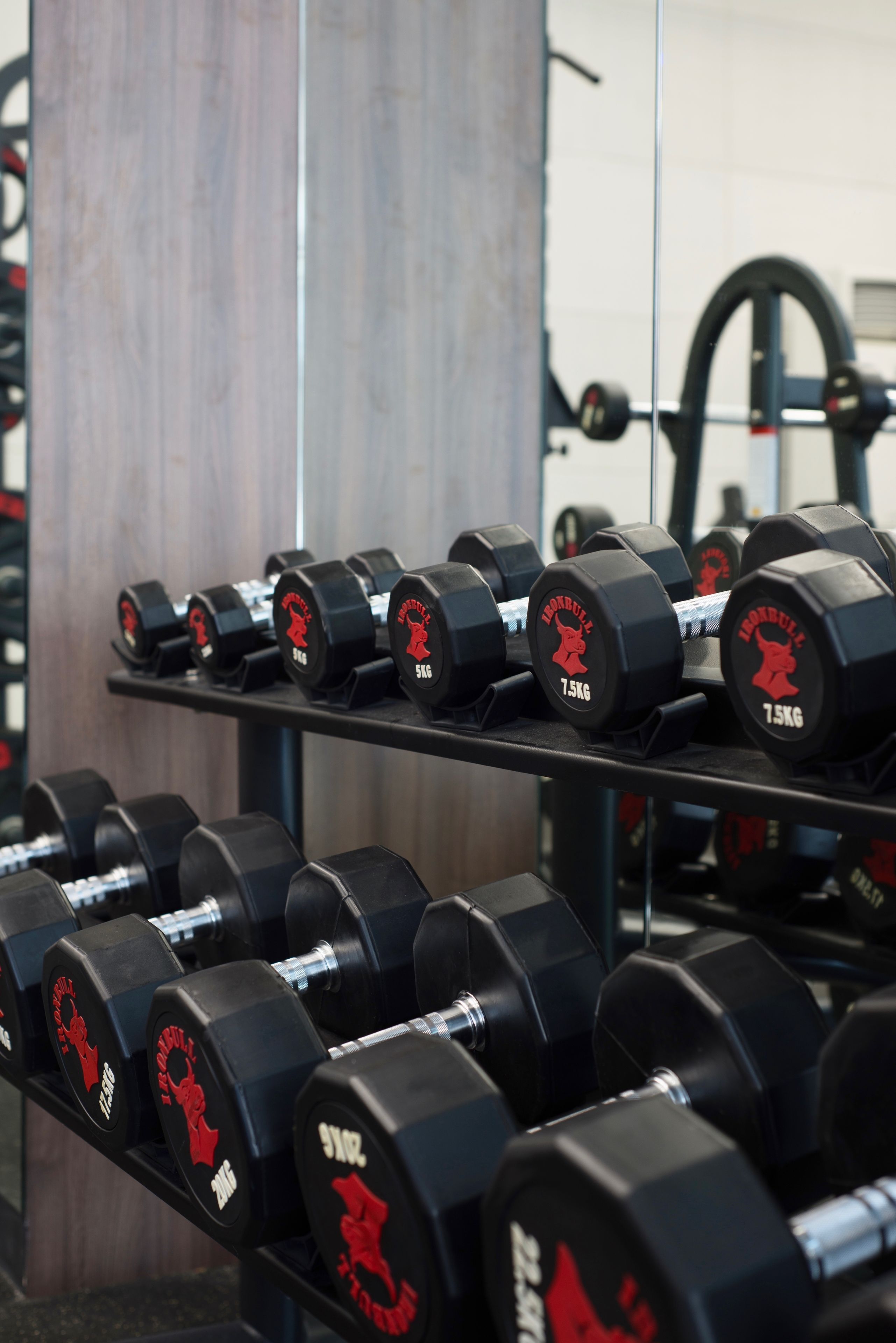 Una fila de mancuernas negras con logotipos y marcas de peso rojas, dispuestas en un soporte en un gimnasio.