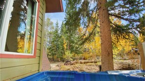 Ein Whirlpool in einer bewaldeten Gegend, im Hintergrund ein Holzhaus.