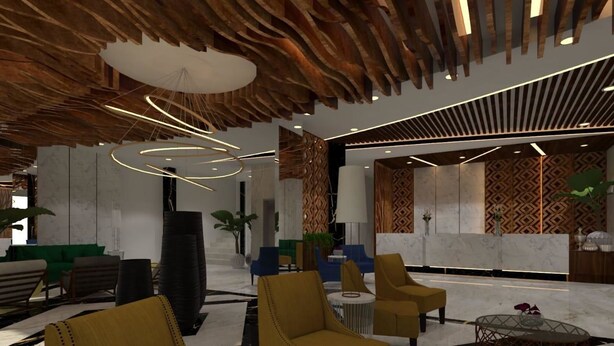 Um lobby moderno com poltronas de couro, balcão de recepção e design de parede padronizado.